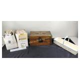 Wood chest, wicker basket, chair rail tiles