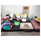 Vintage tin canisters, glassware, stone ware,