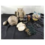 Owl items including cement, metal, lantern,