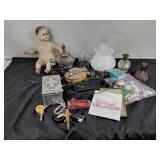 Vintage doll, electrified oil lamp, jewelry box,