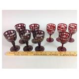 9 Bohemian Ruby Etched Goblets