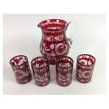 Bohemian Ruby Etched Pitcher & 4 Tumblers