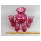 Victorian Cranberry Coin Dot Glass Pitcher Set