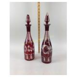 Pair Bohemian Ruby Etched Decanters