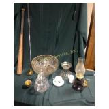 Punch bowl, oil lamp, baseball bat, royal Albert