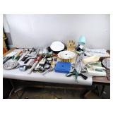 Kitchenware, crocheted blanket, lace tablecloth