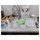 Decorative stool, barometer, plates, coffee mugs,