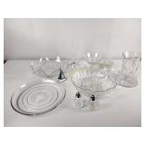 Clear glass dishes including pitcher, salt and