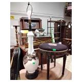 Needlepoint stool, lamp no shade