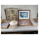 Box fan, framed deer pictures, bird feeders