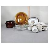 Glass serving trays, coffee cups, crock, serving