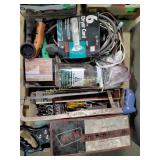 Tools, saw, soldering gun in box, cords, more