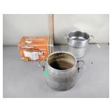 Vintage metal pots, proctor silex toaster in box