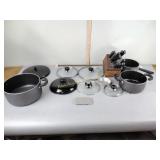 Butcher block knives, cookware with lids, black