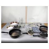 Serving bowls, skillets, Pyrex bakeware, rack,