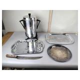 Electric coffee urn, vintage large knife, serving