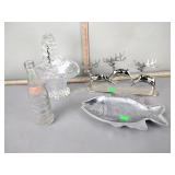 Lead crystal basket, vintage Howdy bottle, metal