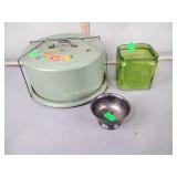 Vintage tin cake box, silver plate candy dish,