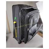 Large suitcase missing one wheel, fabric,