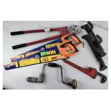 Irwin handsaws, bolt cutters, pipe wrench
