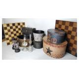 Hat boxes, chessboards, oil lamps