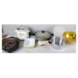 Crock pot, Pyrex refrigerator dish, electric