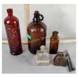 Glass bottles, glass  jar, vintage/antique forks,