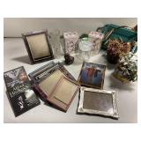 Home decor, tins, vase, multiple picture frames,