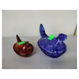 Glass hens on nest including Cobalt blue swirl
