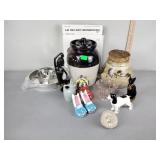 Dog figure, pink depression creamer, salt and