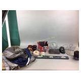 Bowl, Ruby red cups, tarp, level, and Enesco