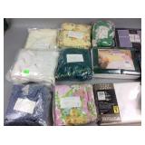 Two pair lace curtains, misc full size sheets,