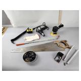Tools, tape measure, dual action sander, Hand saw