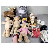 Toys, stuffed animals, some with tags, baby doll,