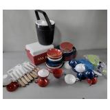 Cooler, knives, camping dishes including plates
