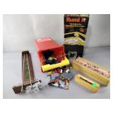 Games including dominoes, rumi K, card shuffler,