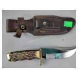 Schrade stag knife and leather sheath