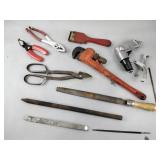 Tools , pipe wrench,  clippers, file, large