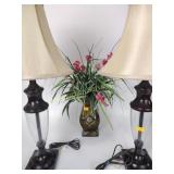 Glass & metal table lamps, metal vase