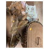 Owl driftwood yard art, owl metal bird feeder &