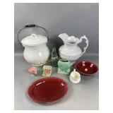 Slop jar, wash pitcher, ceramic planters, dishes