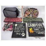 Wood signs incl. Christmas, old glass jar, worn