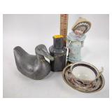 Chinese pewter duck, tea caddy, Gaudy Dutch cup &
