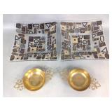 Brass serving bowls, glass serving dishes