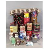 Tins. Variety of sizes, candles, TV antenna,