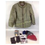 Puff jacket - tear on sleeve, leather gloves,