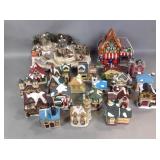 Ceramic Christmas village houses, storage tote