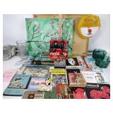 Coca Cola bottles, vase, dishes, hat, books, cork