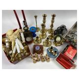 Christmas electric candles, brass candlesticks,