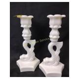 Milk glass dolphin candlesticks